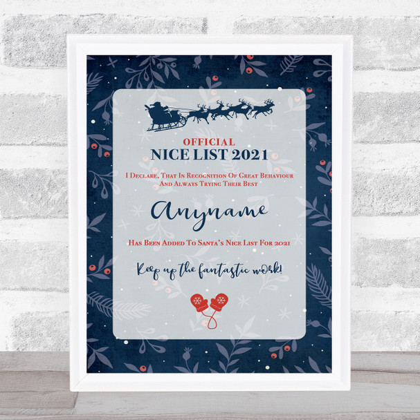 Official Nice List Dark Blue Christmas Sign Personalized Certificate Award Print