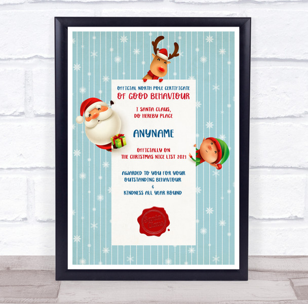 Official North Pole Good Behaviour Teal Snow Christmas Personalized Certificate