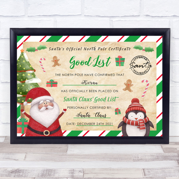 Santa's Good List Green Christmas Print Personalized Certificate Award Print