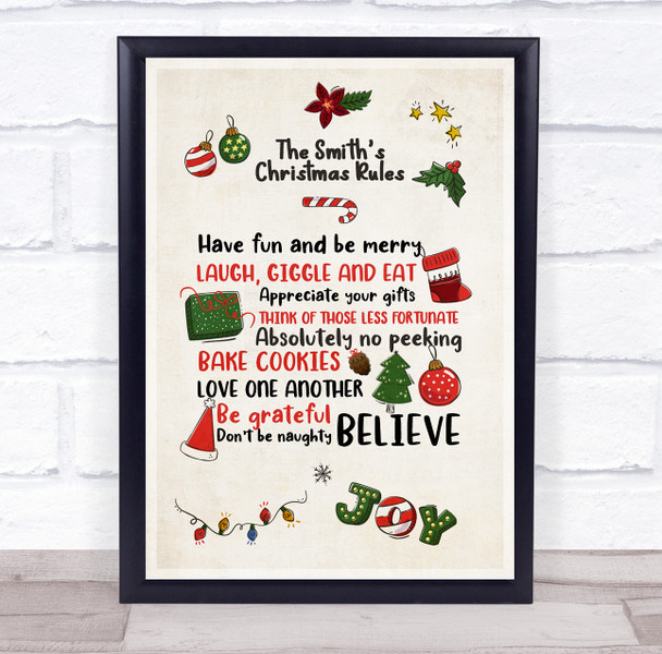 Personalized Doodle Style Family Rules At Christmas Event Sign Print