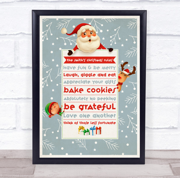 Personalized Family Name Grey Snow Christmas Rules Event Sign Print Personalized Family Name Grey Snow Christmas Rules Event Sign Print