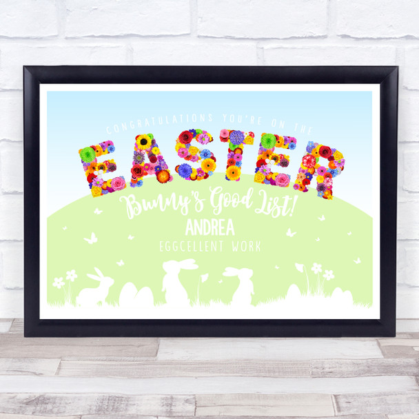 Beautiful Floral Easter Bunny's Good List Personalized Certificate Award Print