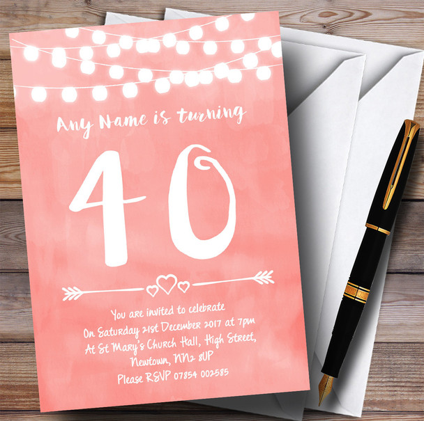 Coral Pink Lights 40th Personalized Birthday Party Invitations