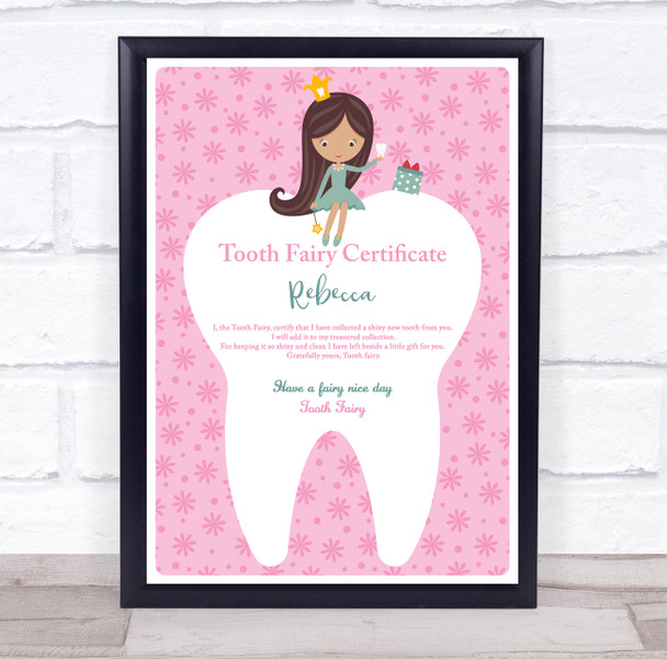 Pink Tooth Fairy Cartoon Girl Personalized Certificate Award Print