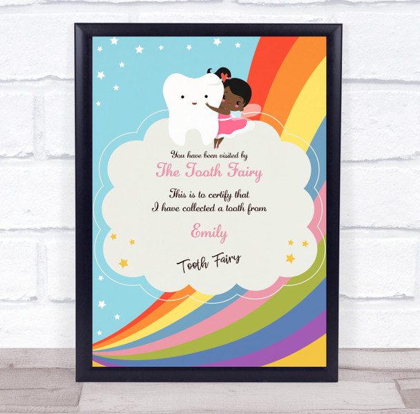 Dark Skin Girl Tooth Fairy Personalized Certificate Award Print