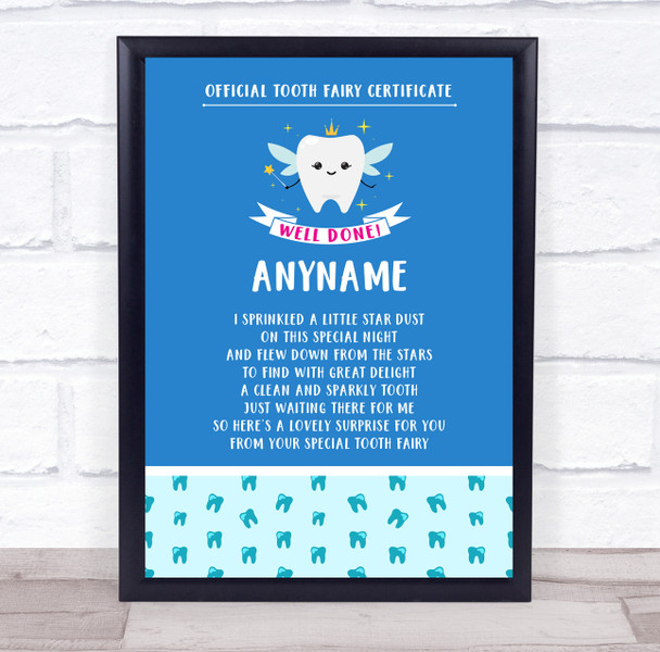 Tooth Fairy Poem Blue Personalized Certificate Award Print