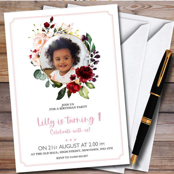 Pretty Floral Wreath Photo personalized Children's Birthday Party Invitations