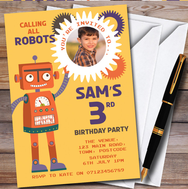 Yellow Orange Robot Photo personalized Children's Birthday Party Invitations