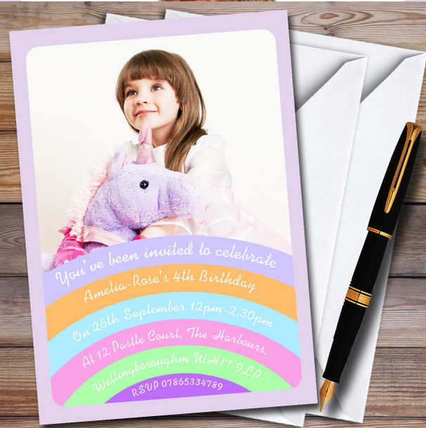 Photo Pastel Rainbow personalized Children's Kids Birthday Party Invitations