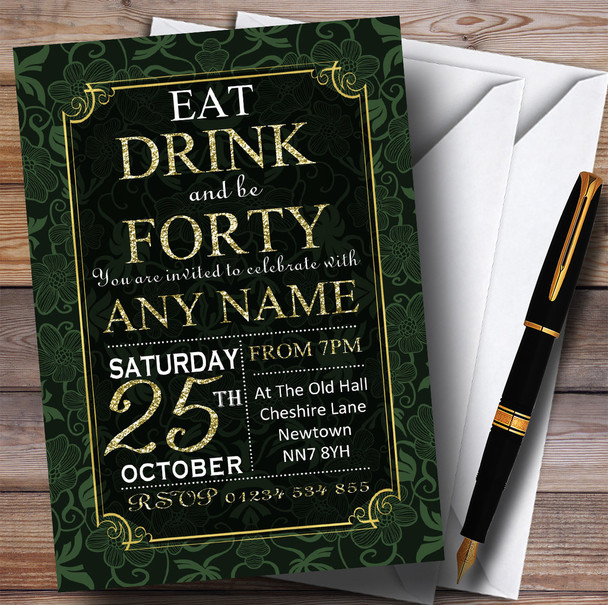 Green & Gold Flowers 40th Personalized Birthday Party Invitations