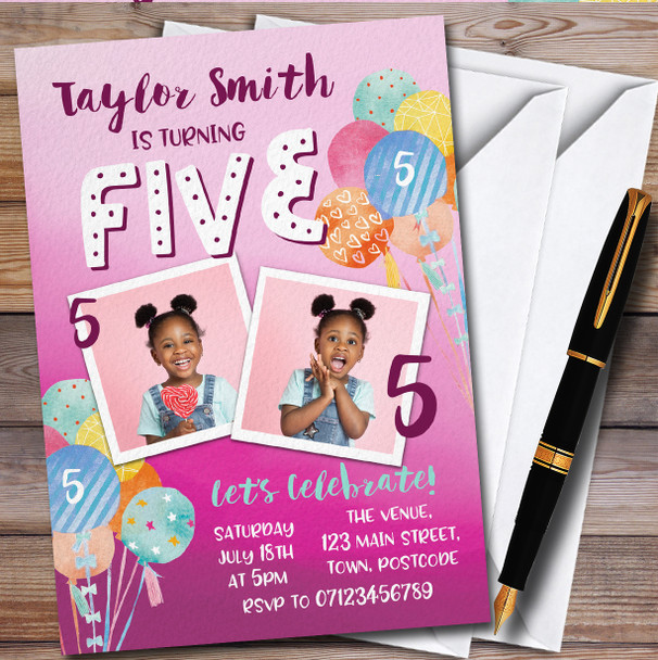 5Th Birthday Photo Girl Balloons Children's Birthday Party Invitations