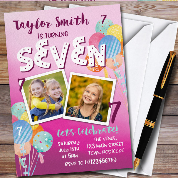 7Th Birthday Photo Girl Balloons Children's Birthday Party Invitations