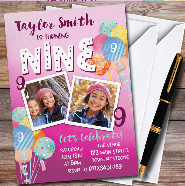 9Th Birthday Photo Girl Balloons Children's Birthday Party Invitations