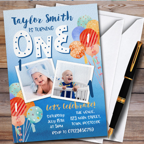 1St Birthday Photo Boy Balloons Children's Birthday Party Invitations