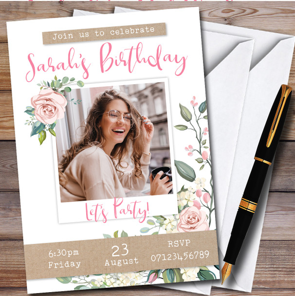 Flowers Floral Shabby Chic Vintage Photo personalized Birthday Party Invitations