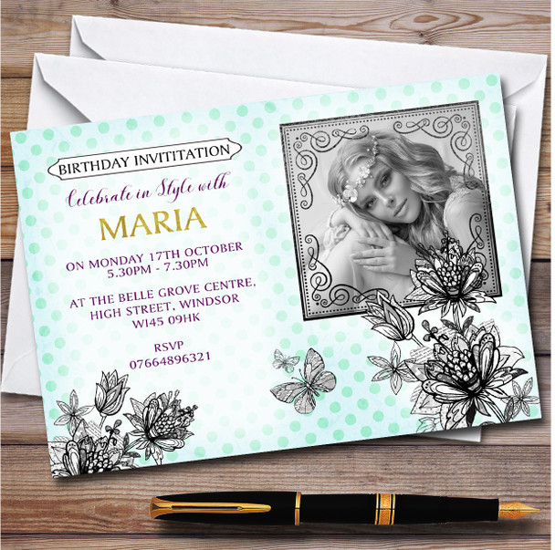 Black & White Photo Floral Blue Vintage personalized Birthday Party Invitations
