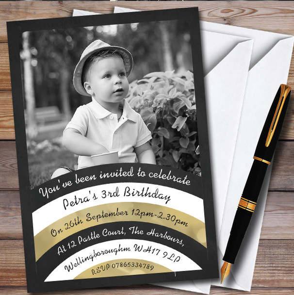 Black & White Photo Gold Chalk Rainbow personalized Birthday Party Invitations