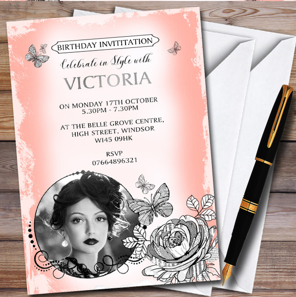 Photo Butterfly Floral Vintage personalized Birthday Party Invitations