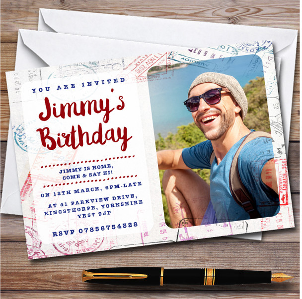 Passport Photo Navy Claret personalized Birthday Party Invitations