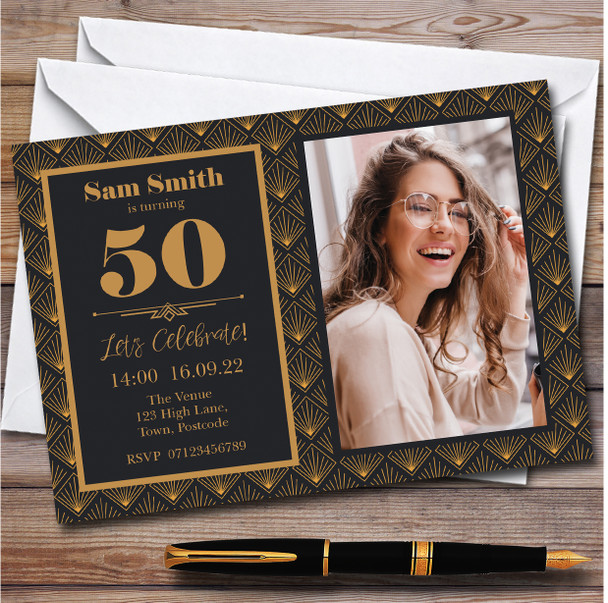 Gold Art Deco Photo personalized Birthday Party Invitations
