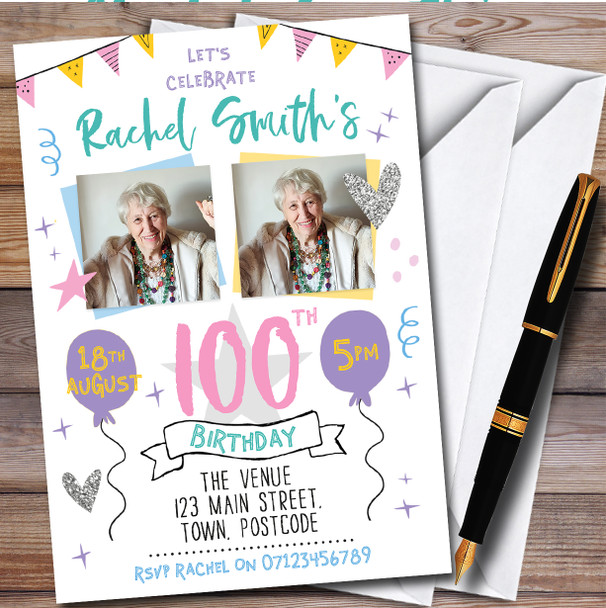 Pastel Typographic Photo 100Th personalized Birthday Party Invitations