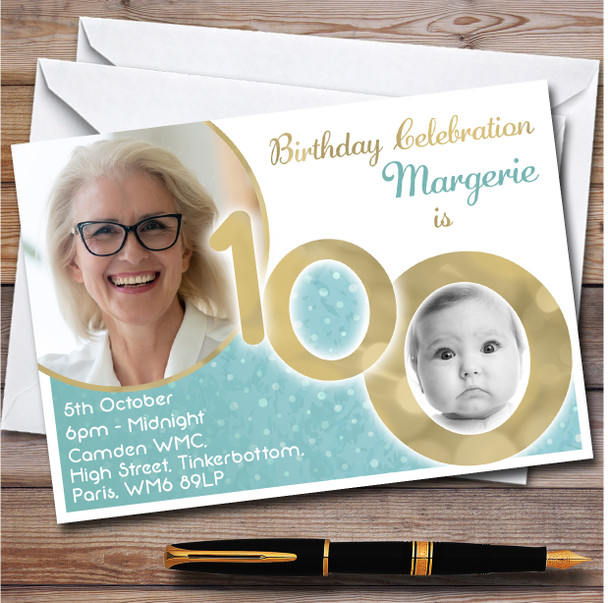 Photo 100 Young & Older Vintage Teal 100Th Birthday Party Invitations