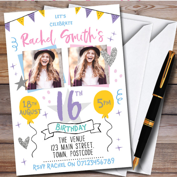 Pastel Typographic Photo 16Th personalized Birthday Party Invitations