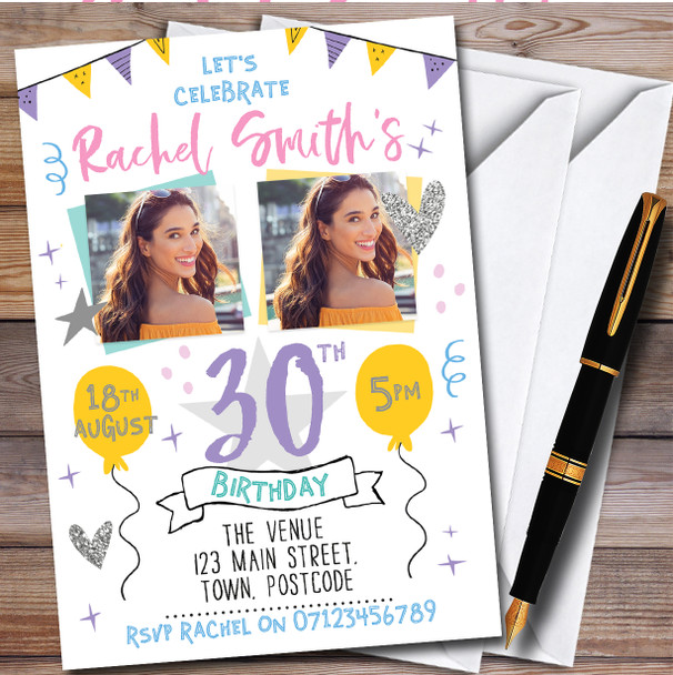 Pastel Typographic Photo 30Th personalized Birthday Party Invitations