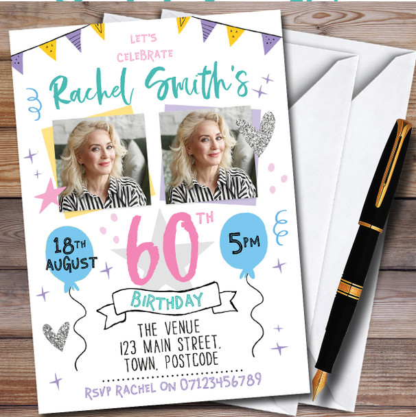 Pastel Typographic Photo 60Th personalized Birthday Party Invitations