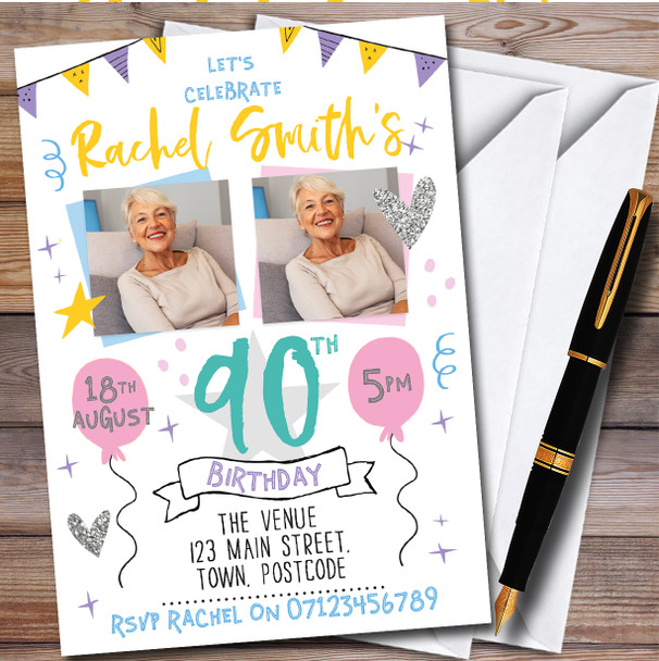 Pastel Typographic Photo 90Th personalized Birthday Party Invitations