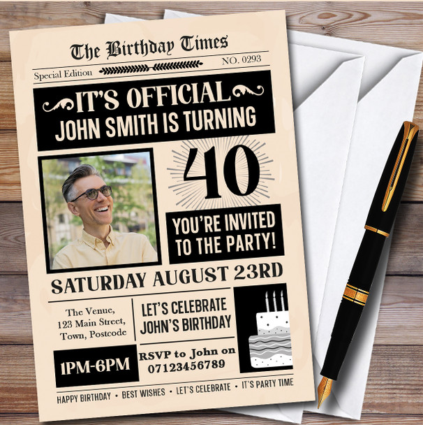 Newspaper Photo 40Th personalized Birthday Party Invitations