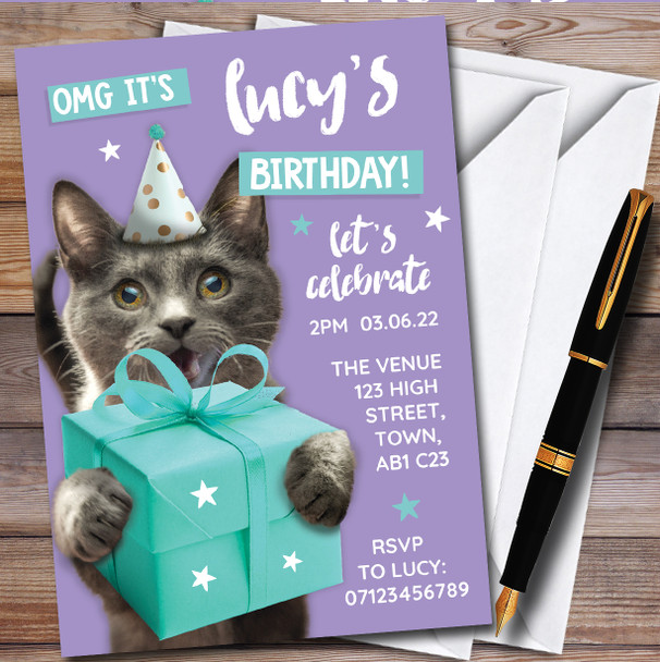 Adorable Kitten With Gift Cat personalized Children's Birthday Party Invitations