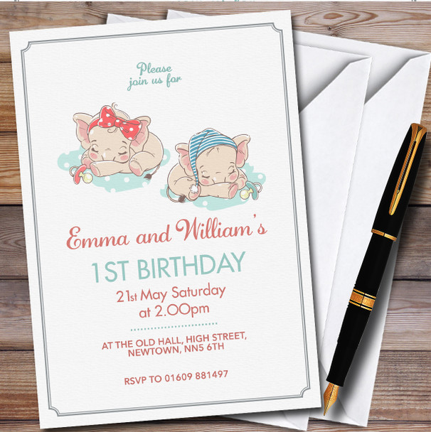 Baby Elephants Boy Girl Twins personalized Children's Birthday Party Invitations