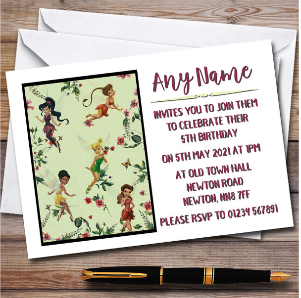 Tinker Bell And Fairies Green personalized Children's Birthday Party Invitations