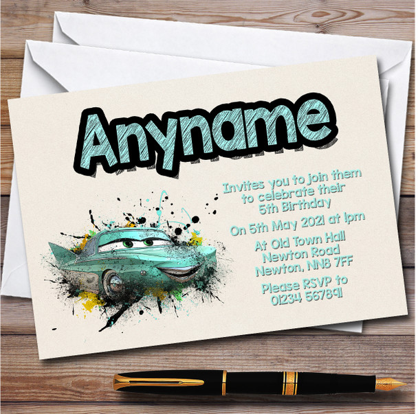 Cars Flo Watercolor Splatter personalized Children's Birthday Party Invitations