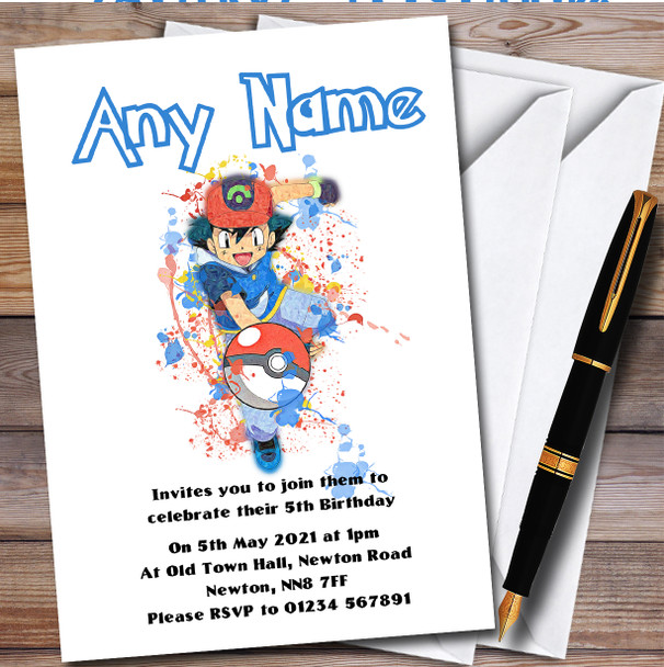 Ash Pokémon Splatter Art personalized Children's Kids Birthday Party Invitations