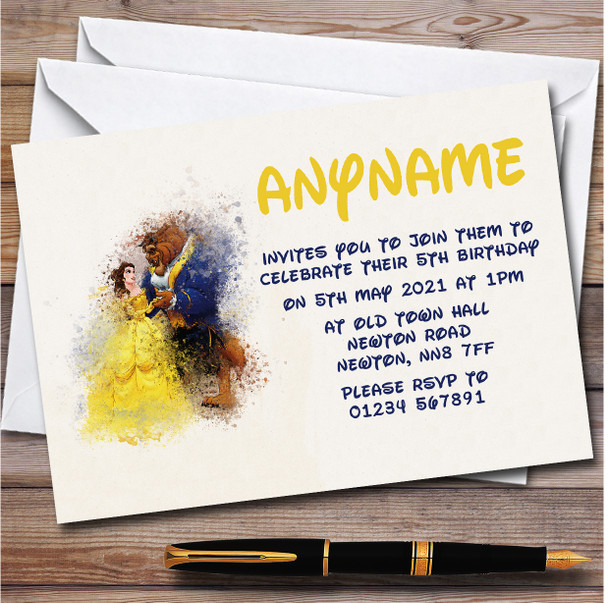 Beauty And The Beast Watercolor Splatter Children's Birthday Party Invitations