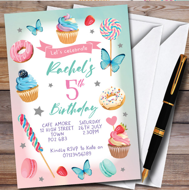 Cakes Donuts And Butterflies personalized Children's Birthday Party Invitations