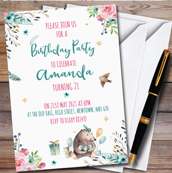 Watercolor Floral Cute Bear personalized Children's Birthday Party Invitations