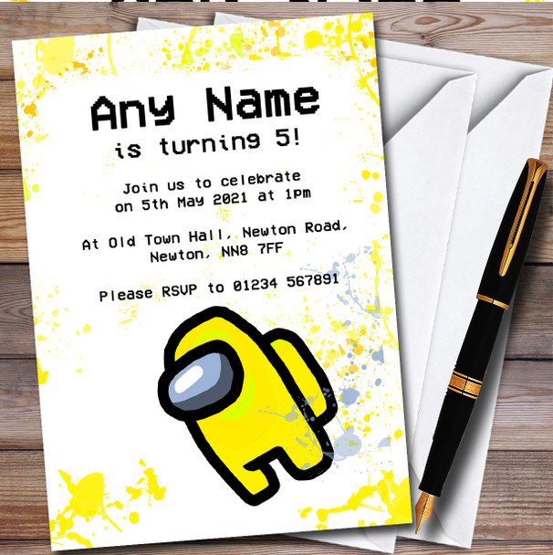 Among Us Yellow Splatter Art personalized Children's Birthday Party Invitations