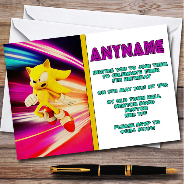 Yellow Sonic Hedgehog Lights personalized Children's Birthday Party Invitations