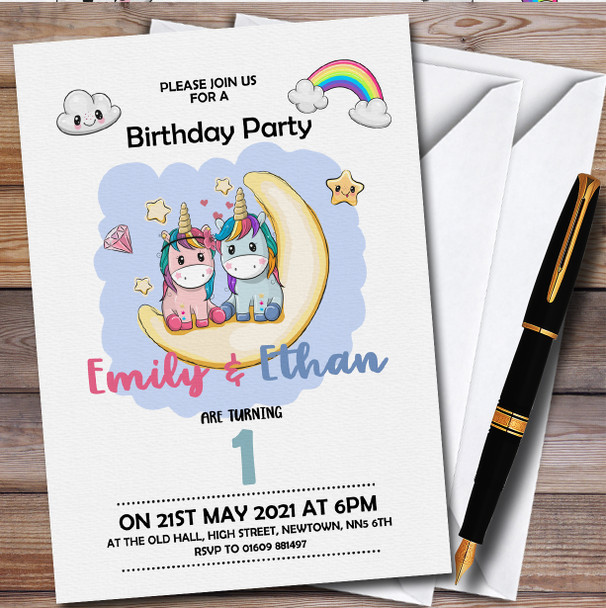 Boy Girl Twins Unicorns personalized Children's Kids Birthday Party Invitations