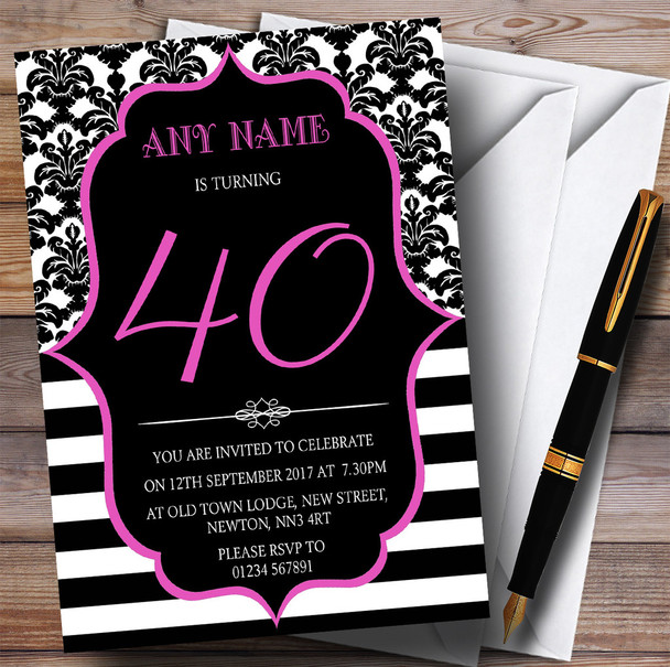 Vintage Damask Pink 40th Personalized Birthday Party Invitations