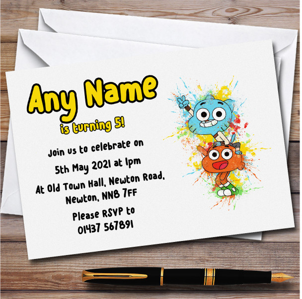The Amazing World Of Gumball Watercolor Splatter Children's Party Invitations