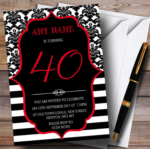 Vintage Damask Red 40th Personalized Birthday Party Invitations