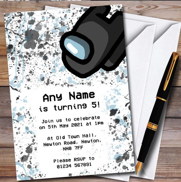 Among Us Black Splatter Art personalized Children's Birthday Party Invitations