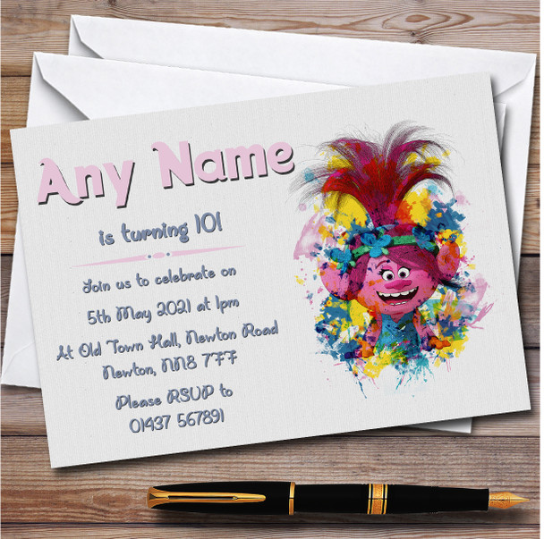 Watercolor Splatter Trolls personalized Children's Birthday Party Invitations