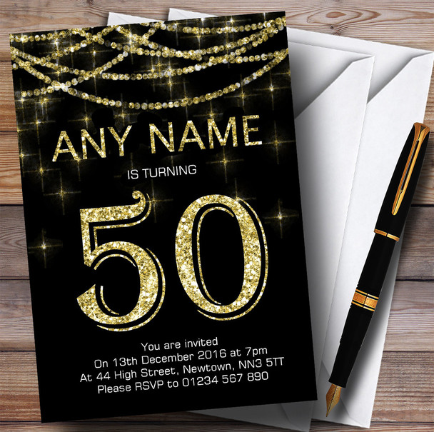 Black & Gold Sparkly Garland 50th Personalized Birthday Party Invitations
