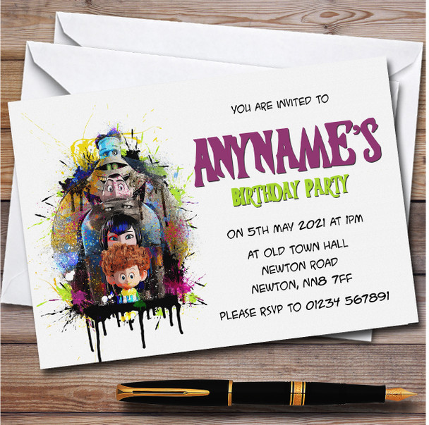 Hotel Transylvania Watercolor Splatter Children's Birthday Party Invitations
