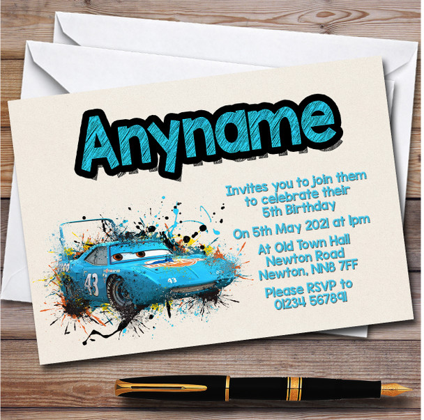 Strip 'The King' Weathers Cars Splatter Children's Birthday Party Invitations